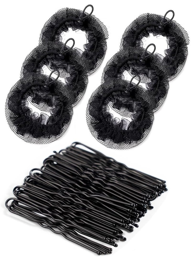 CLENEA 6Pcs Dance Hair Nets Set & 50Pcs U Shaped Hair Pins Elastic Edge Mesh Hair Nets for Ballerina Dancer Bank Clerk Nurse Skater Hair Fixing Black Stretch Lace Hair Accessories (Small) - Image 1